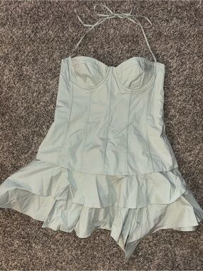 Oh Polly Strapless Ruffle Mini Dress in Pale Mint